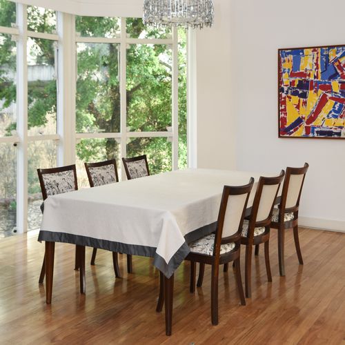 Toalha de Mesa Linen Bege Barrado Chumbo