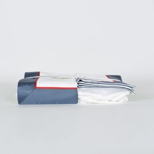 Jogo de Lençol 600 Fios Barrado Azul Jeans Friso Vermelho